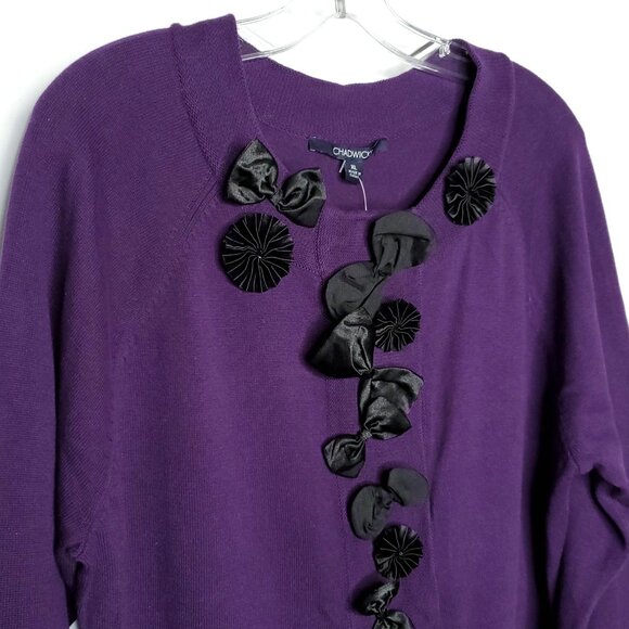 Womens Cotton Cardigan Sweater XL Purple Raglan Sleeve Satin Bows Pin Up 50s - Picture 2 of 6